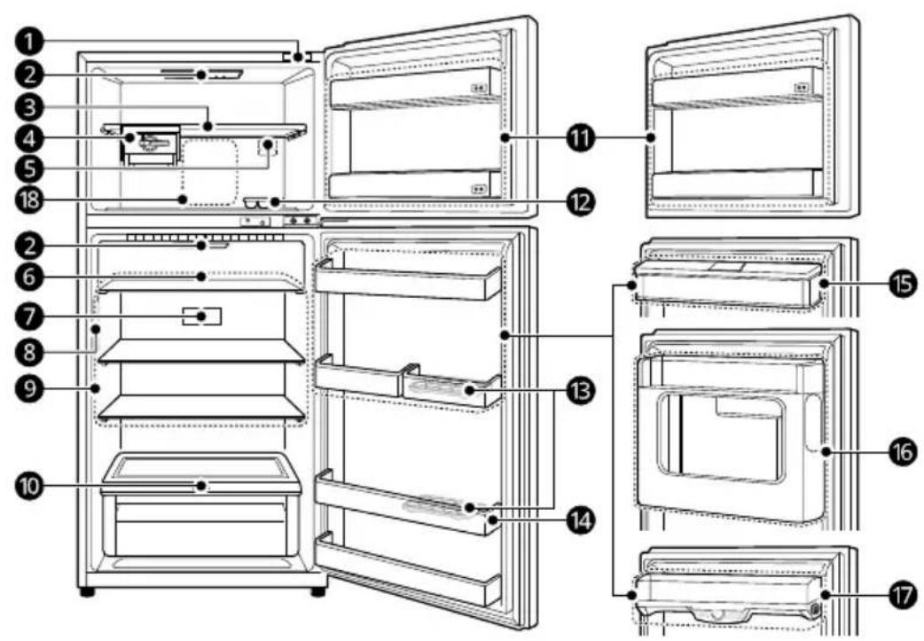 Exploded view diagram of a refrigerator with numbered parts for identification