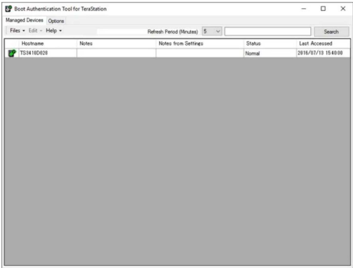 Boot Authentication Tool for TeraStation Managed Devices Options Files Edit Help Refresh Period (Minutes) 5 Search Hostname Notes Notes from Settings Status Last Accessed TS3410D028 Normal 2016/07/13 15:40:00