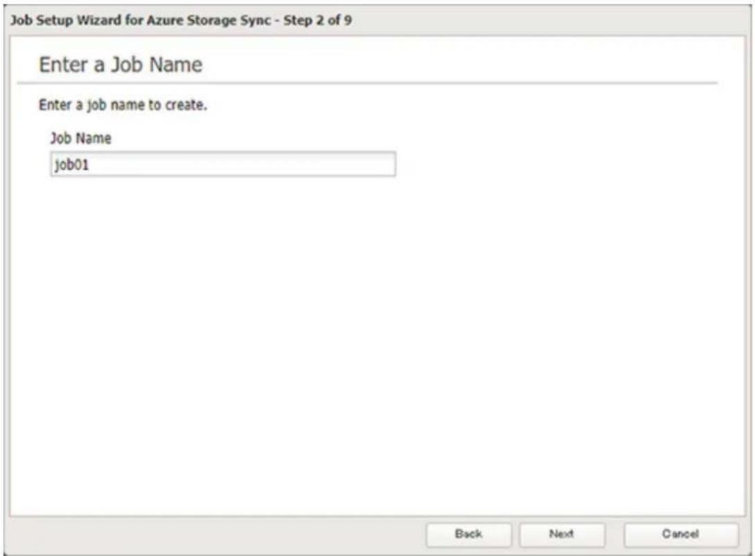 Job Setup Wizard for Azure Storage Sync - Step 2 of 9 Enter a Job Name Enter a job name to create. Job Name job01 Back Next Cancel