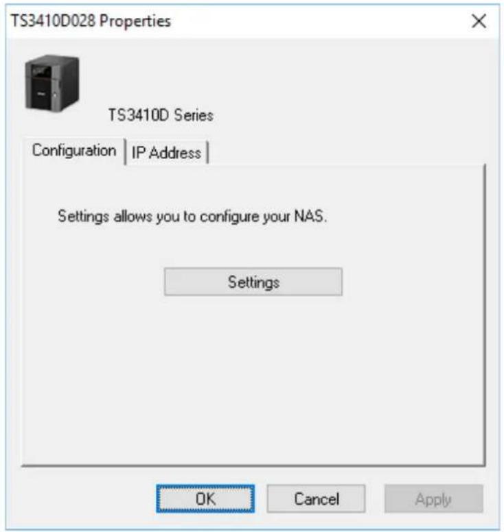 TS3410D028 Properties TS3410D Series Configuration | IP Address | Settings allows you to configure your NAS. Settings OK Cancel Apply