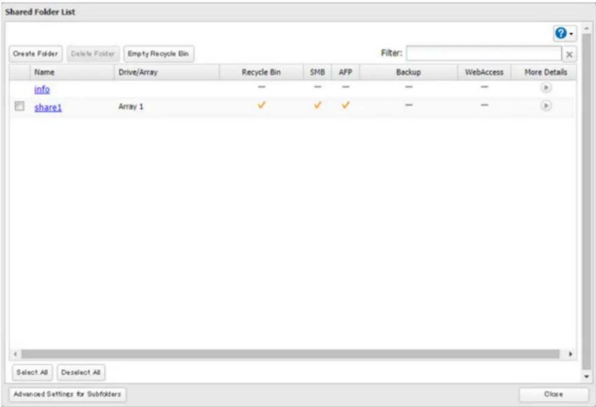 Shared Folder List Create Folder Delete Folder Empty Recycle Bin Filter: Name Drive/Array Recycle Bin SMB AFP Backup WebAccess More Details info — — — — — share1 Array 1 ✓ ✓ ✓ — —