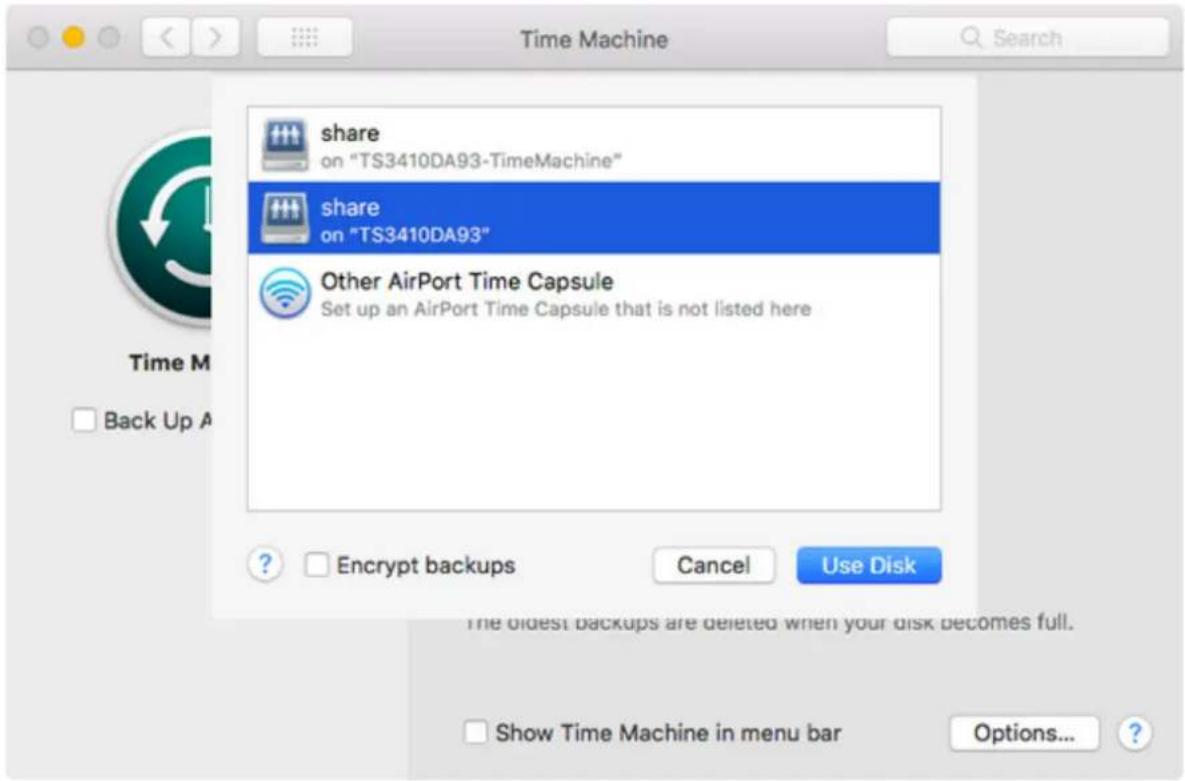 Time Machine Search share on "TS3410DA93-TimeMachine" share on "TS3410DA93" Other AirPort Time Capsule Set up an AirPort Time Capsule that is not listed here ? Encrypt backups Cancel Use Disk The oldest backups are deleted when your disk becomes full. Show Time Machine in menu bar Options... ?