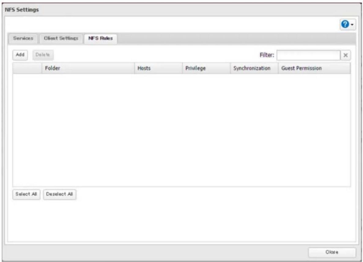 NFS Settings Services Client Settings NFS Rules Add Delete Filter: Folder Hosts Privilege Synchronization Guest Permission Select All Deselect All Close
