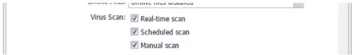 Virus Scan: Real-time scan Scheduled scan Manual scan