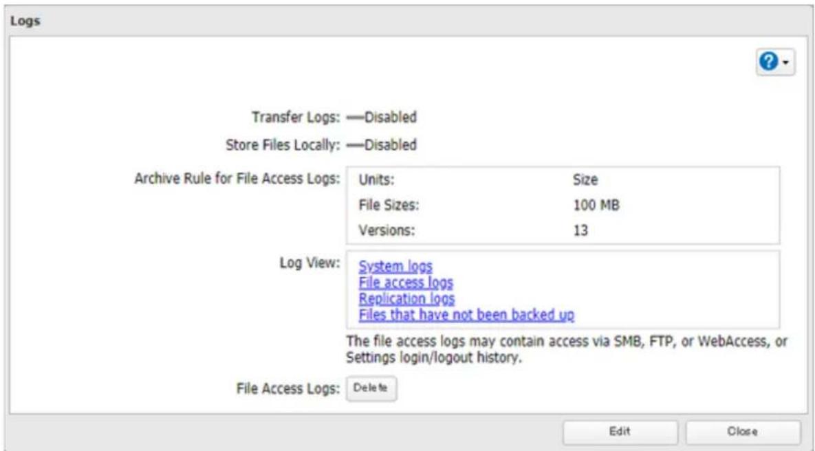 Logs Transfer Logs: —Disabled Store Files Locally: —Disabled Archive Rule for File Access Logs: Units: Size File Sizes: 100 MB Versions: 13 Log View: System logs File access logs Replication logs Files that have not been backed up The file access logs may contain access via SMB, FTP, or WebAccess, or Settings login/logout history. File Access Logs: Delete Edit Close