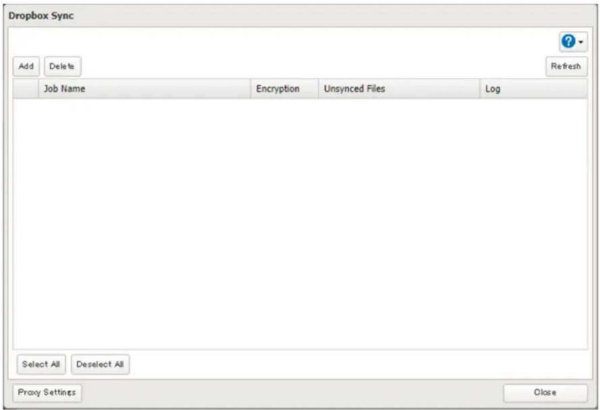 Dropbox Sync Add Delete Refresh Job Name Encryption Unsynced Files Log Select All Deselect All Proxy Settings Close