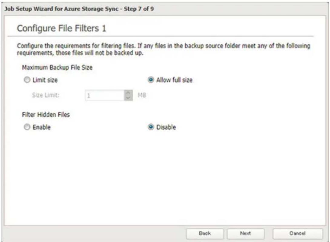 Job Setup Wizard for Azure Storage Sync - Step 7 of 9 Configure File Filters 1 Configure the requirements for filtering files. If any files in the backup source folder meet any of the following requirements, those files will not be backed up. Maximum Backup File Size Limit size Allow full size Size Limit: 1 MB Filter Hidden Files Enable Disable Back Next Cancel