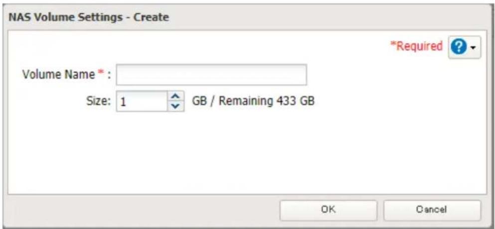 NAS Volume Settings - Create Volume Name *: Size: 1 GB / Remaining 433 GB *Required ? OK Cancel