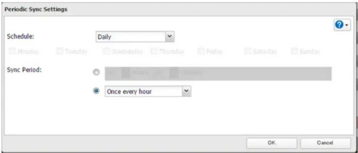 Periodic Sync Settings Schedule: Daily Sync Period: Once every hour OK Cancel