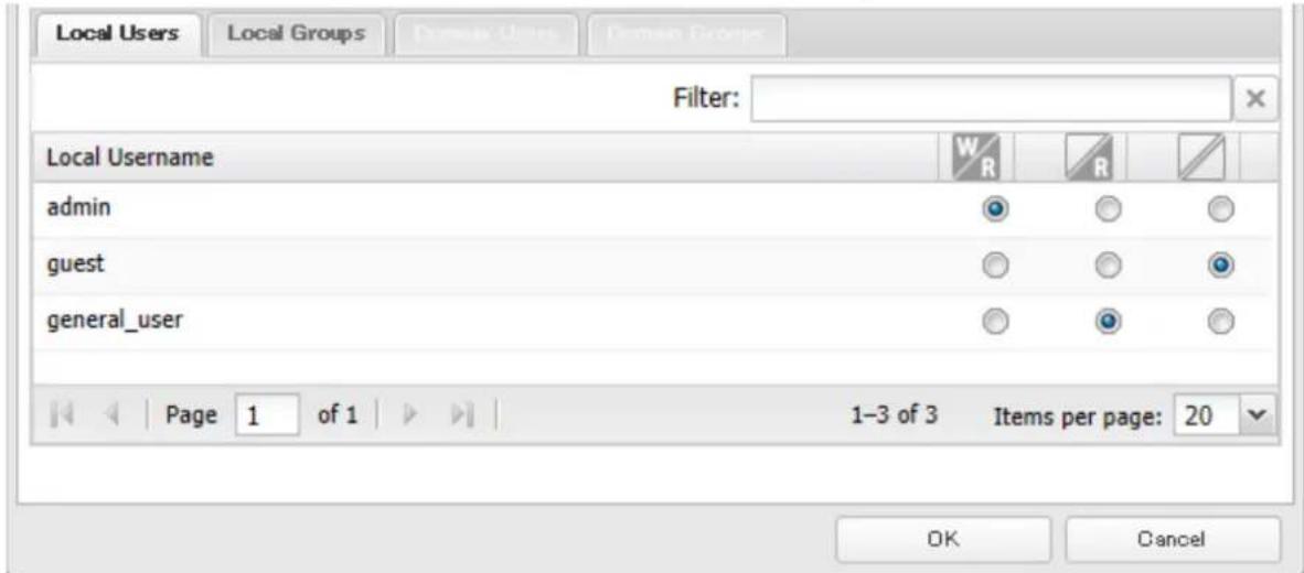 Local Users Local Groups Density Users Domain Groups Filter: Local Username W/R R admin ● ○ ○ guest ○ ○ ○ general_user ○ ○ ○ Page 1 of 1 1-3 of 3 Items per page: 20 OK Cancel