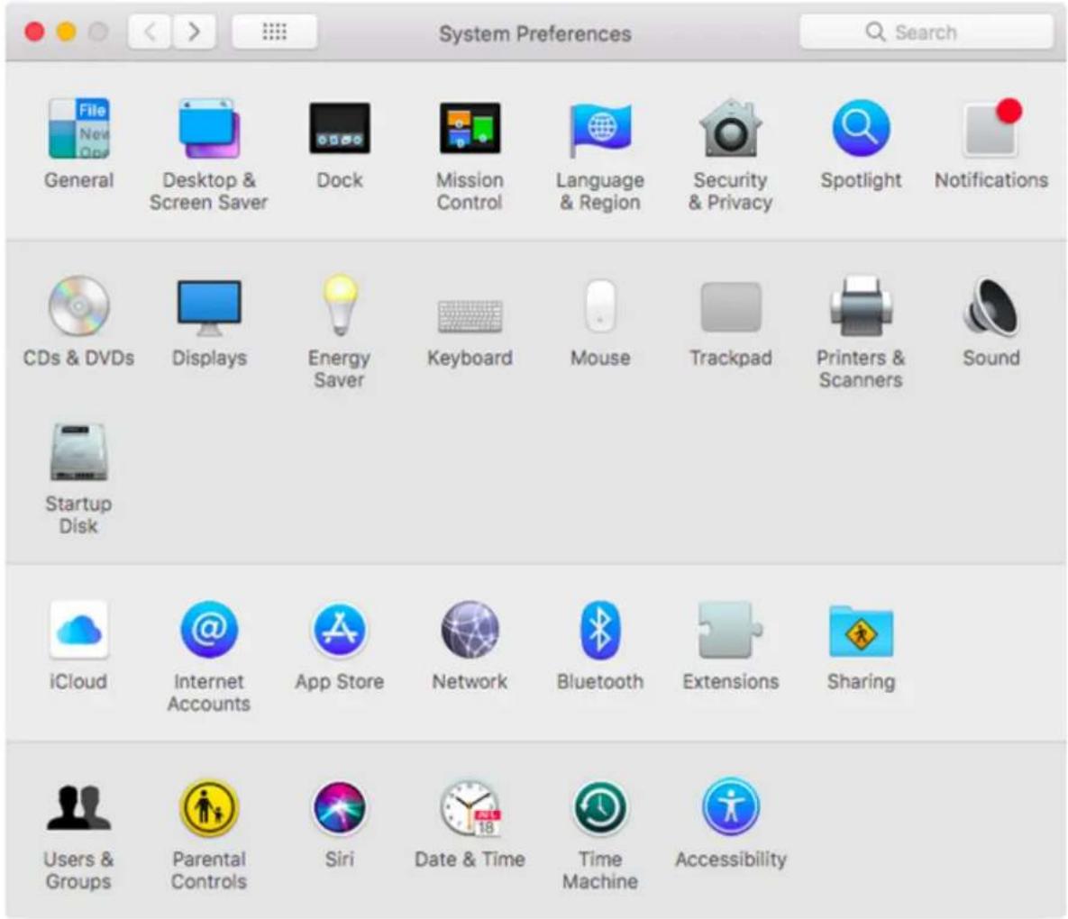 System Preferences General Desktop & Screen Saver Dock Mission Control Language & Region Security & Privacy Spotlight Notifications CDs & DVDs Displays Energy Saver Keyboard Mouse Trackpad Printers & Scanners Sound Startup Disk iCloud Internet Accounts App Store Network Bluetooth Extensions Sharing Users & Groups Parental Controls Siri Date & Time Time Machine Accessibility