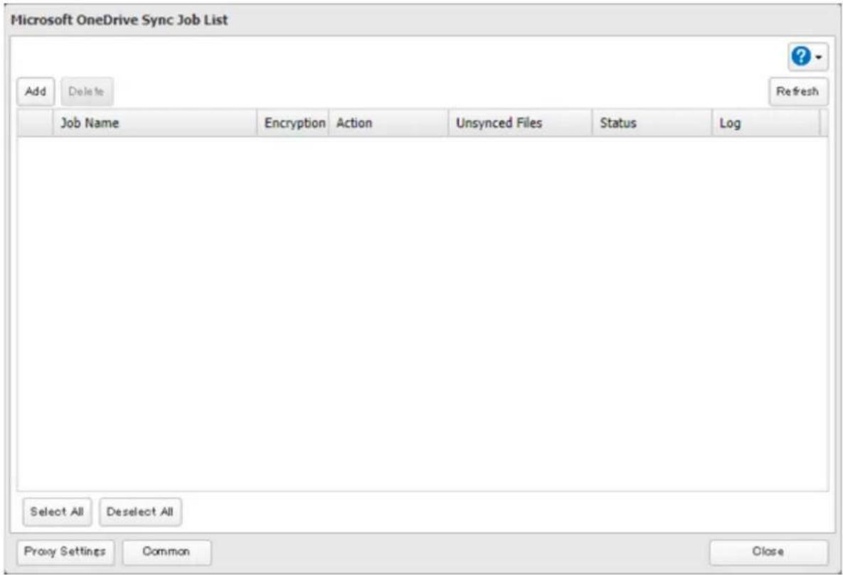 Microsoft OneDrive Sync Job List Add Delete Refresh Job Name Encryption Action Unsynced Files Status Log Select All Deselect All Proxy Settings Common Close