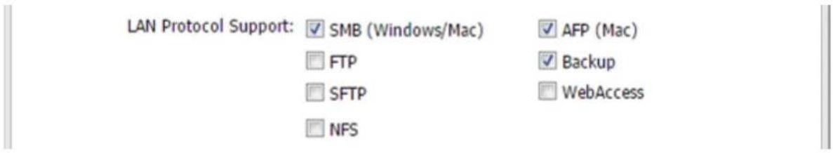 LAN Protocol Support: ✓ SMB (Windows/Mac) ✓ AFP (Mac) ☐ FTP ✓ Backup ☐ SFTP ☐ WebAccess ☐ NFS