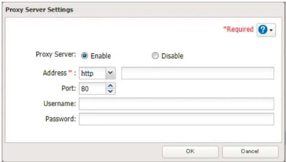 Proxy Server Settings *Required ? Proxy Server: Enable Disable Address * : http Port: 80 Username: Password: OK Cancel