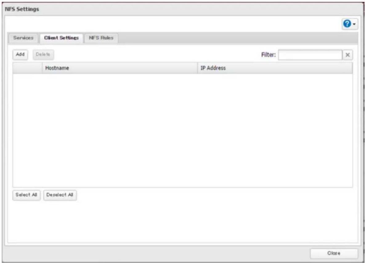 NFS Settings Services Client Settings NFS Rules Add Delete Filter: Hostname IP Address Select All Deselect All Close