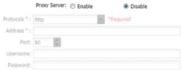 Proxy Server: Enable Disable Protocols*: http *Required Address*: Port: 80 Username: Password:
