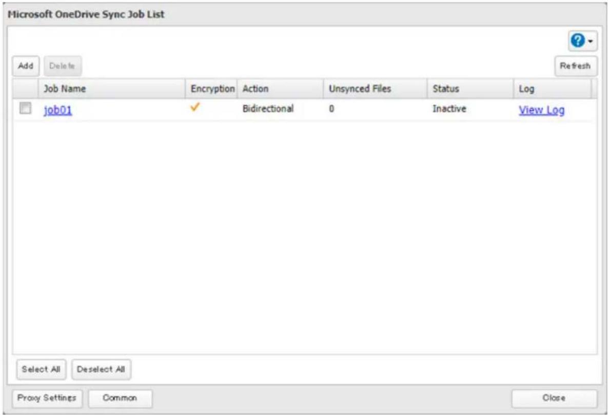 Microsoft OneDrive Sync Job List Add Delete Refresh Job Name Encryption Action Unsynced Files Status Log job01 ✓ Bidirectional 0 Inactive View Log Select All Deselect All Proxy Settings Common Close