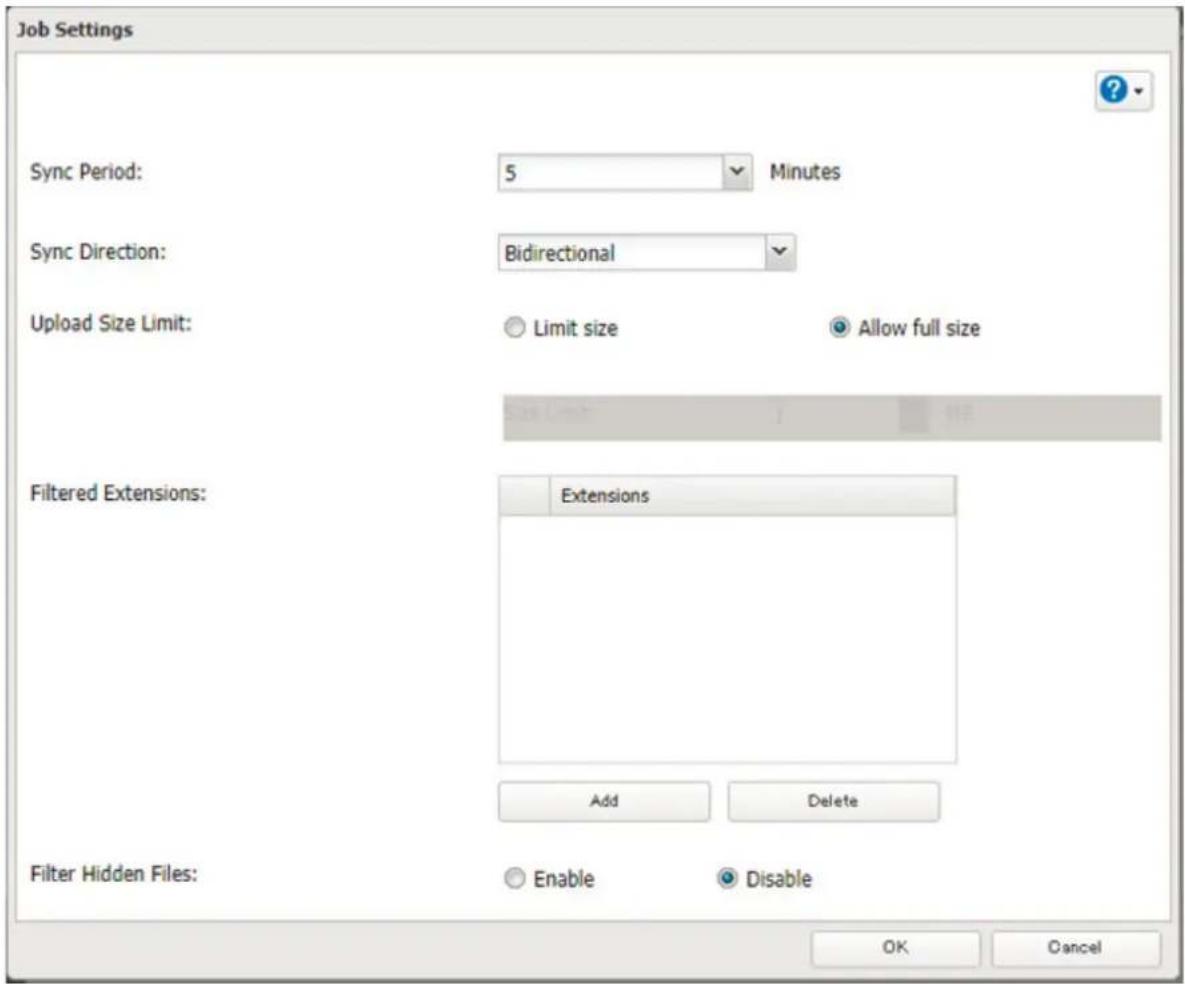 Job Settings Sync Period: 5 Minutes Sync Direction: Bidirectional Upload Size Limit: Limit size Allow full size Filtered Extensions: Extensions Add Delete Filter Hidden Files: Enable Disable OK Cancel