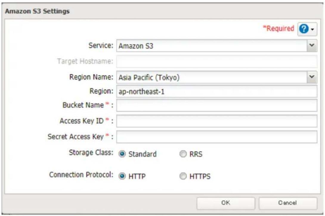 Amazon S3 Settings Service: Amazon S3 Target Hostname: Region Name: Asia Pacific (Tokyo) Region: ap-northeast-1 Bucket Name * : Access Key ID * : Secret Access Key * : Storage Class: Standard RRS Connection Protocol: HTTP HTTPS *Required ? OK Cancel