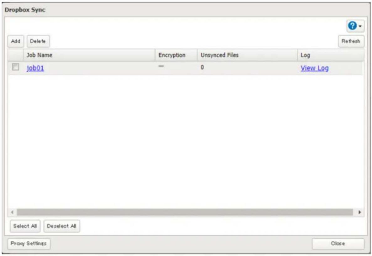 Dropbox Sync Add Delete Refresh Job Name Encryption Unsynced Files Log job01 0 View Log Select All Deselect All Proxy Settings Close
