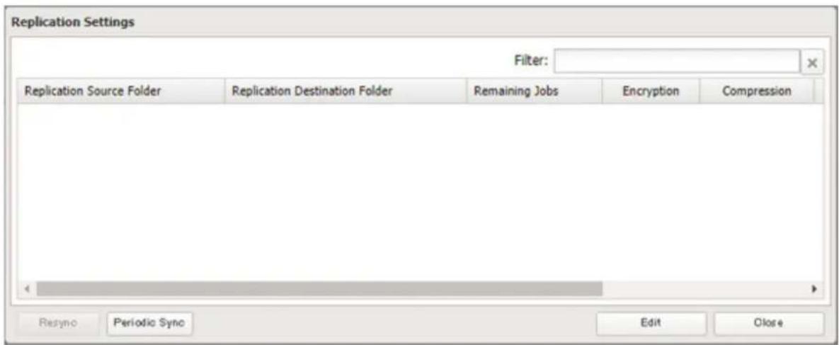 Replication Settings Filter: Replication Source Folder Replication Destination Folder Remaining Jobs Encryption Compression Resyno Periodic Sync Edit Close