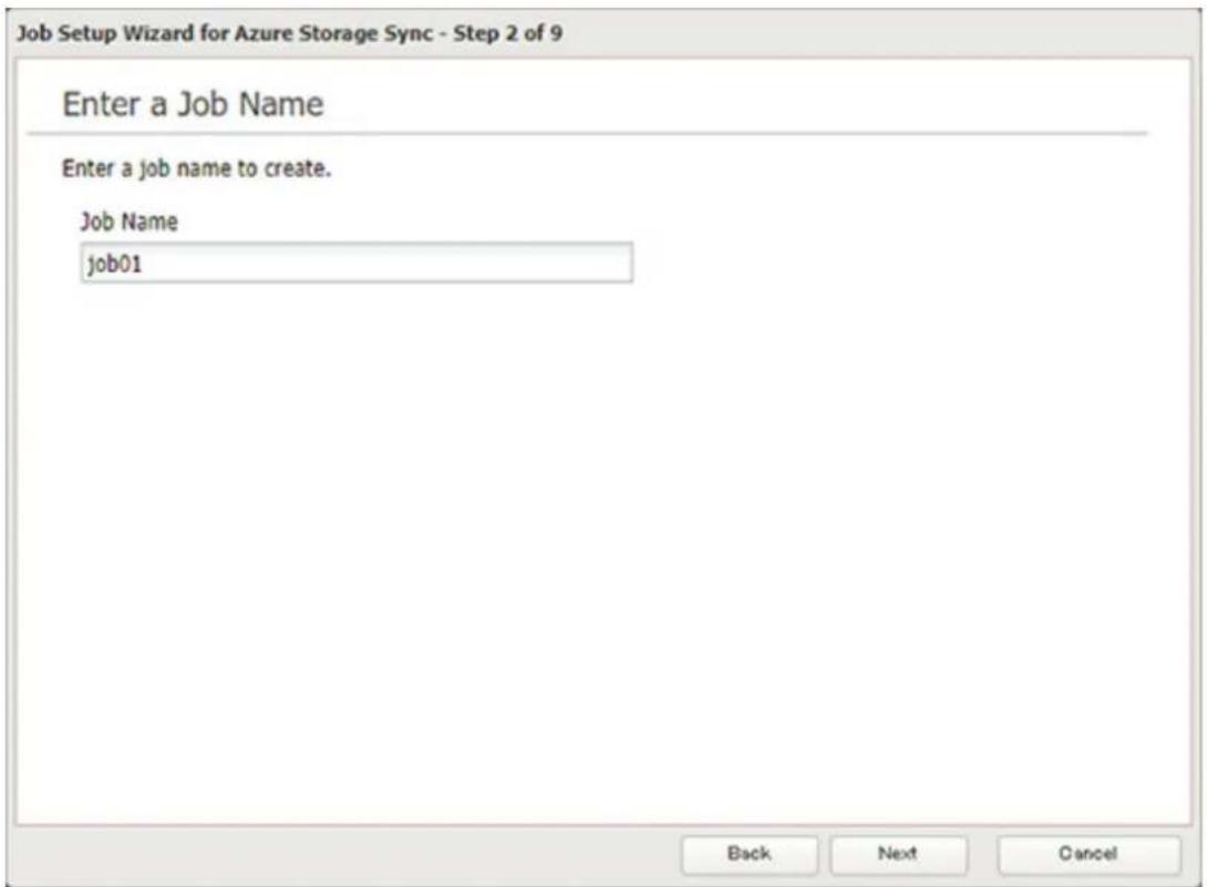 Job Setup Wizard for Azure Storage Sync - Step 2 of 9 Enter a Job Name Enter a job name to create. Job Name job01 Back Next Cancel