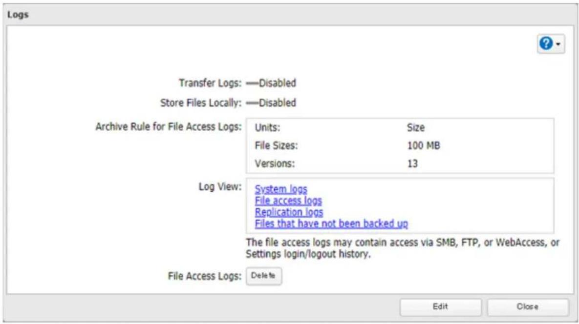 Logs Transfer Logs: —Disabled Store Files Locally: —Disabled Archive Rule for File Access Logs: Units: Size File Sizes: 100 MB Versions: 13 Log View: System logs File access logs Replication logs Files that have not been backed up The file access logs may contain access via SMB, FTP, or WebAccess, or Settings login/logout history. File Access Logs: Delete Edit Close