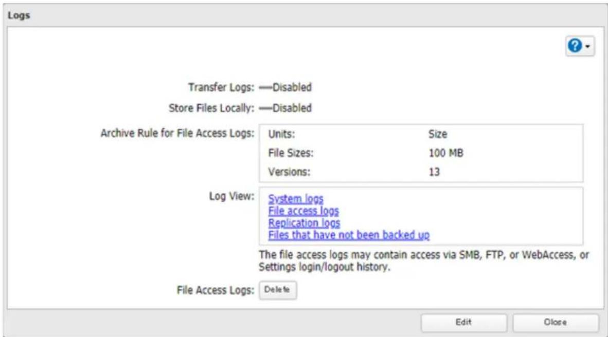 Logs Transfer Logs: —Disabled Store Files Locally: —Disabled Archive Rule for File Access Logs: Units: Size File Sizes: 100 MB Versions: 13 Log View: System logs File access logs Replication logs Files that have not been backed up The file access logs may contain access via SMB, FTP, or WebAccess, or Settings login/logout history. File Access Logs: Delete Edit Close