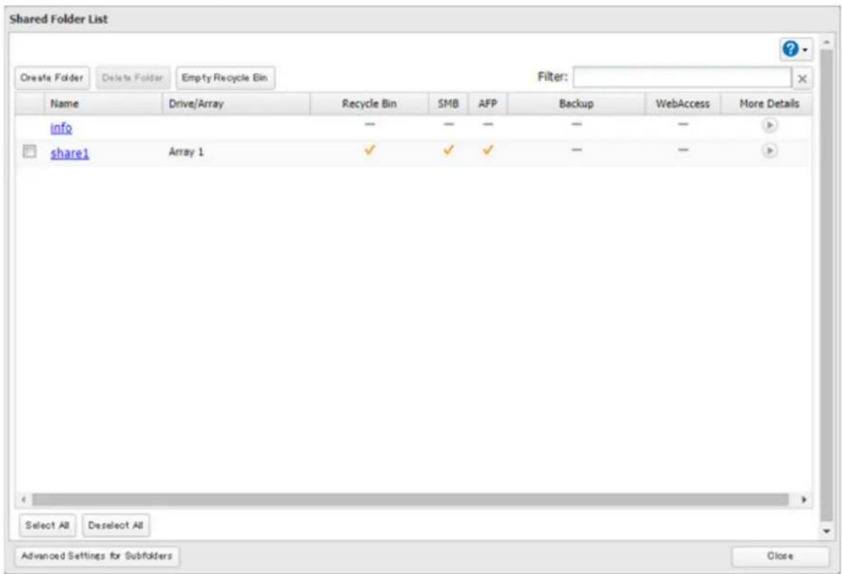 Shared Folder List Create Folder Delete Folder Empty Recycle Bin Filter: Name Drive/Array Recycle Bin SMB AFP Backup WebAccess More Details info — — — — — share1 Array 1 ✓ ✓ ✓ — — Select All Deselect All Advanced Settings for Subfolders Close