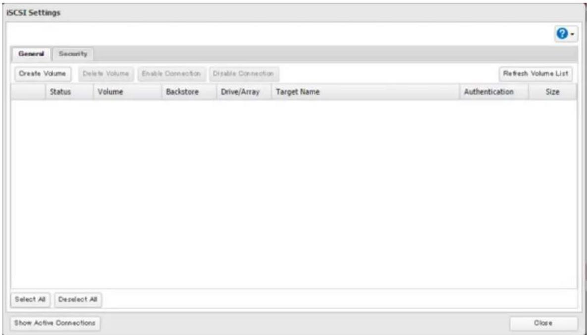 iSCSI Settings General Security Create Volume Delete Volume Enable Connection Disable Connection Refresh Volume List Status Volume Backstore Drive/Array Target Name Authentication Size Select All Deselect All Show Active Connections Close