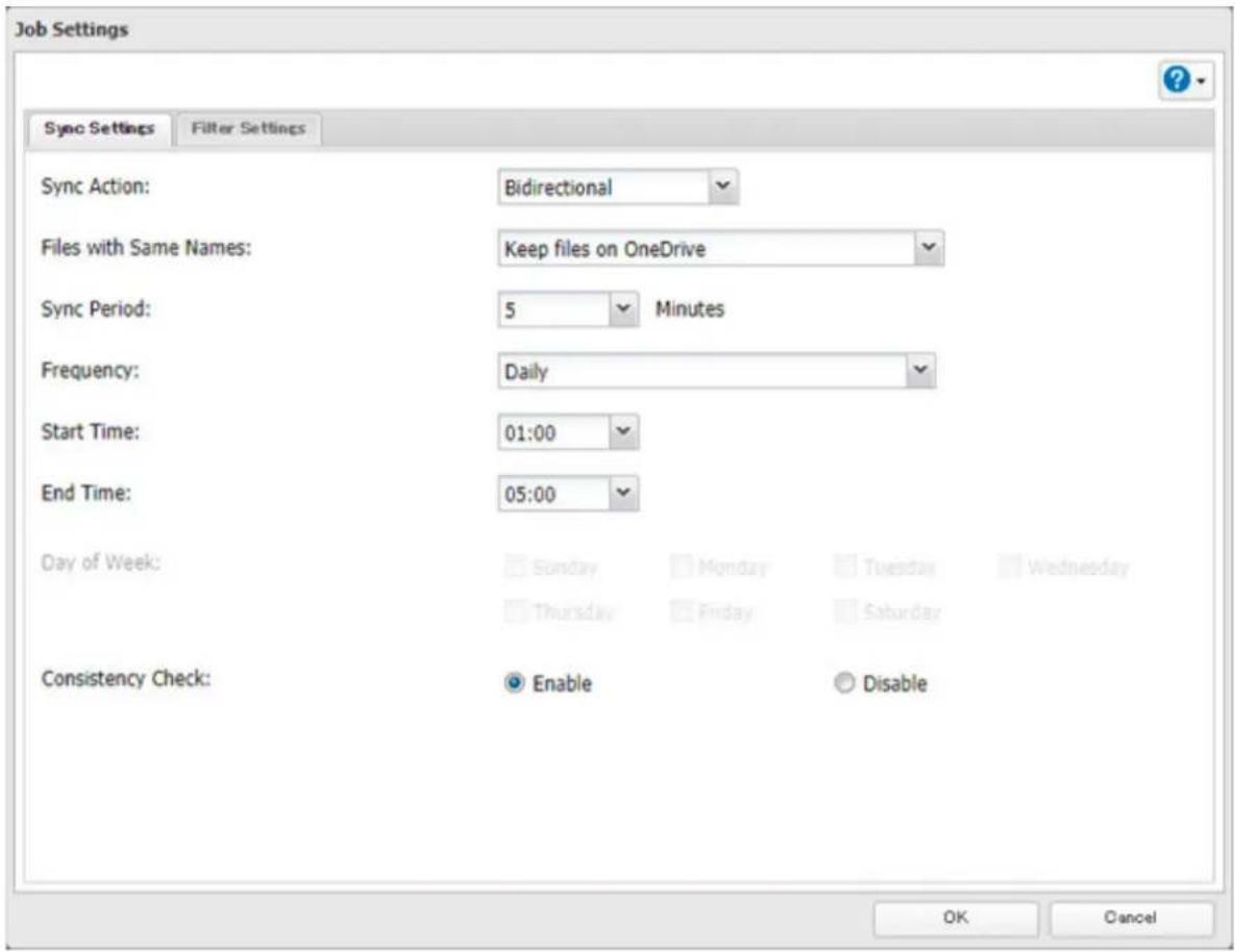 Job Settings Sync Settings Filter Settings Sync Action: Bidirectional Files with Same Names: Keep files on OneDrive Sync Period: 5 Minutes Frequency: Daily Start Time: 01:00 End Time: 05:00 Day of Week: Sunday Monday Tuesday Wednesday Thursday Friday Saturday Consistency Check: Enable Disable OK Cancel