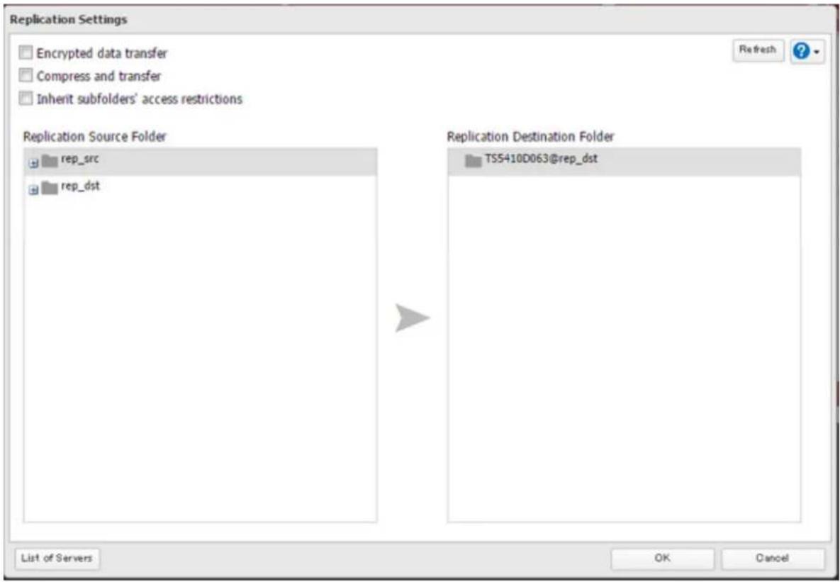Replication Settings Encrypted data transfer Compress and transfer Inherit subfolders' access restrictions Refresh ? Replication Source Folder rep_src rep_dst Replication Destination Folder TS5410D063@rep_dst List of Servers OK Cancel
