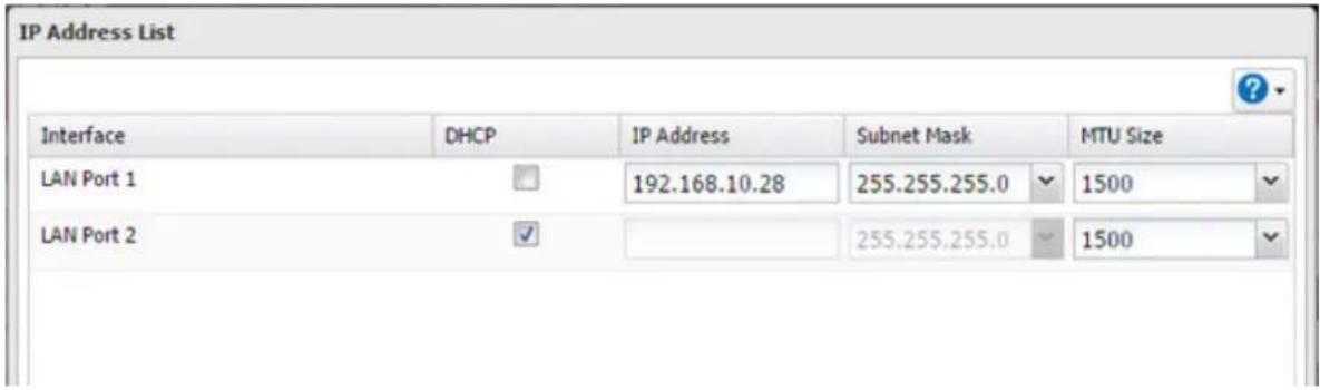IP Address List Interface DHCP IP Address Subnet Mask MTU Size LAN Port 1 192.168.10.28 255.255.255.0 1500 LAN Port 2 255.255.255.0 1500