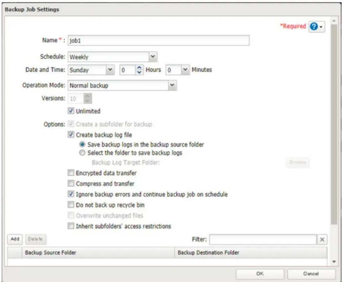 Backup Job Settings Name * : job1 Schedule: Weekly Date and Time: Sunday 0 Hours 0 Minutes Operation Mode: Normal backup Versions: 10 ✓ Unlimited Options: ✓ Create a subfolder for backup ✓ Create backup log file ○ Save backup logs in the backup source folder ○ Select the folder to save backup logs Backup Log Target Folder: □ Encrypted data transfer □ Compress and transfer ✓ Ignore backup errors and continue backup job on schedule □ Do not back up recycle bin □ Overwrite unchanged files □ Inherit subfolders' access restrictions Add Delete Filter: Backup Source Folder Backup Destination Folder OK Cancel