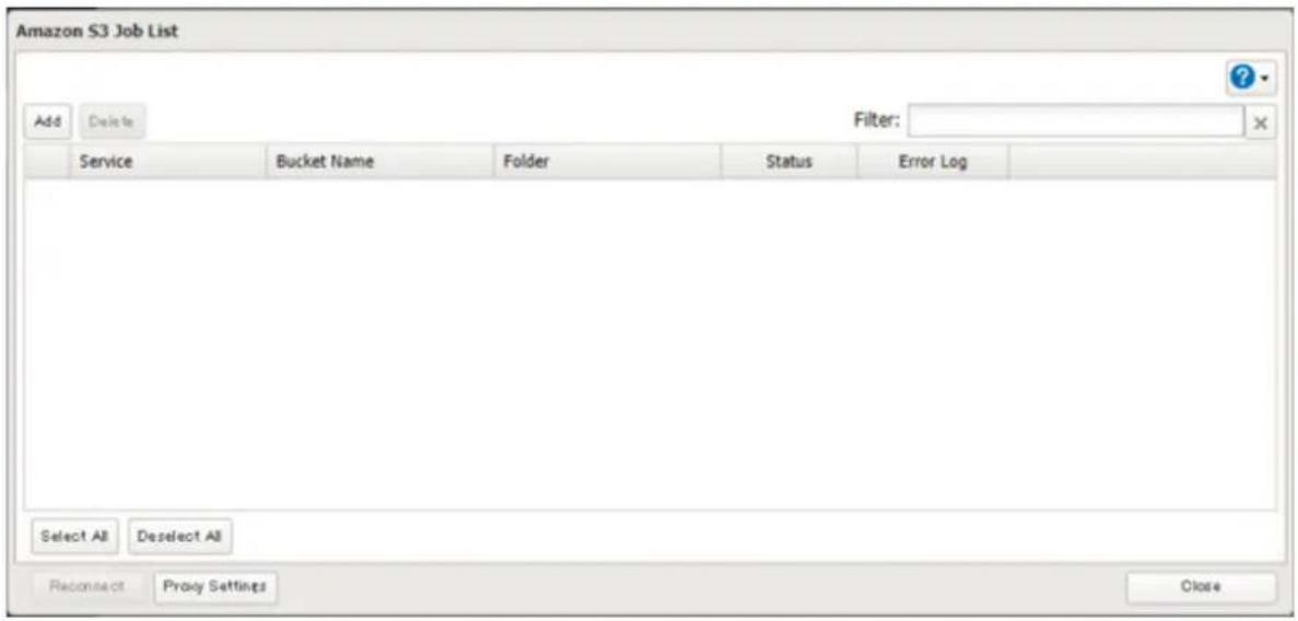 Amazon S3 Job List Add Delete Filter: Service Bucket Name Folder Status Error Log Select All Deselect All Reconnect Proxy Settings Close