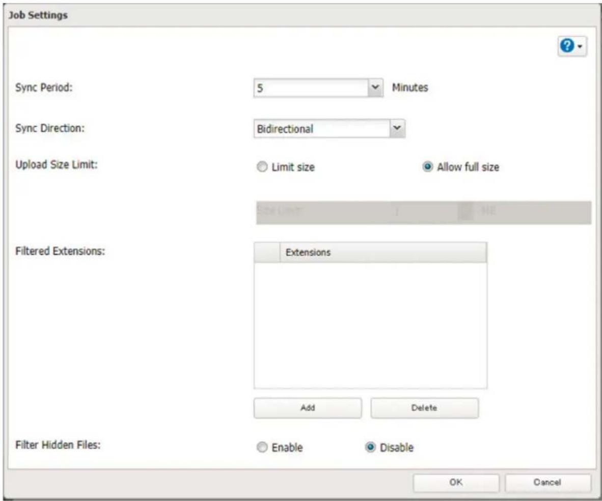 Job Settings Sync Period: 5 Minutes Sync Direction: Bidirectional Upload Size Limit: Limit size Allow full size Filtered Extensions: Extensions Add Delete Filter Hidden Files: Enable Disable OK Cancel