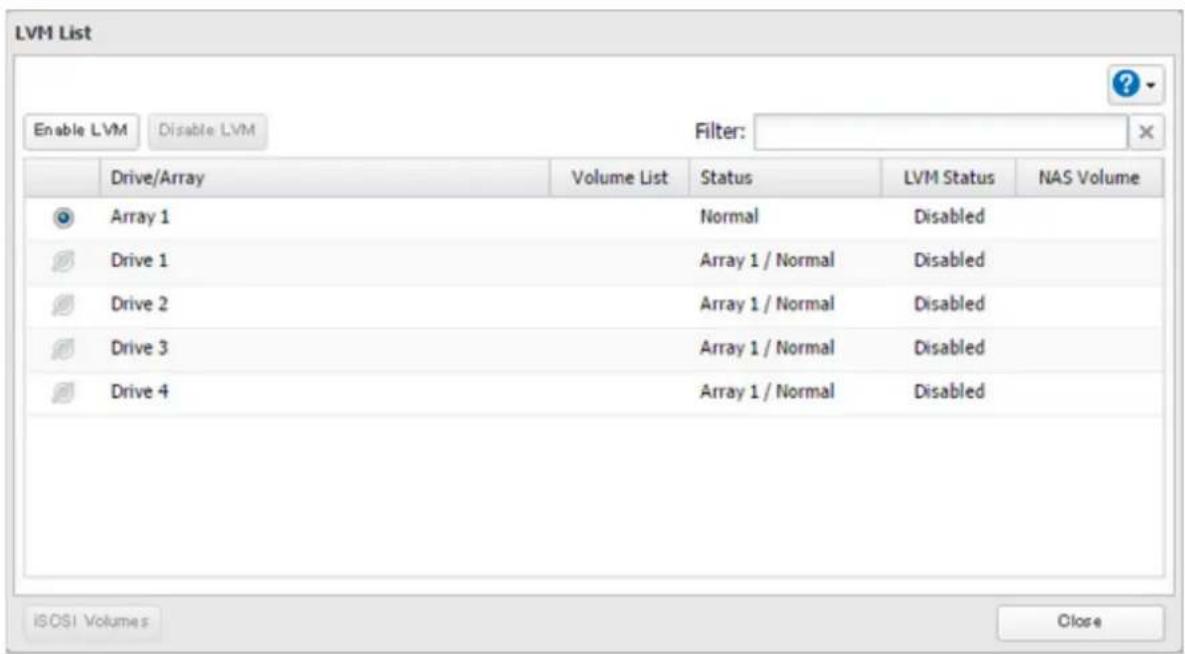 LVM List Enable LVM Disable LVM Filter: Drive/Array Volume List Status LVM Status NAS Volume Array 1 Normal Disabled Drive 1 Array 1 / Normal Disabled Drive 2 Array 1 / Normal Disabled Drive 3 Array 1 / Normal Disabled Drive 4 Array 1 / Normal Disabled iOSI Volumes Close