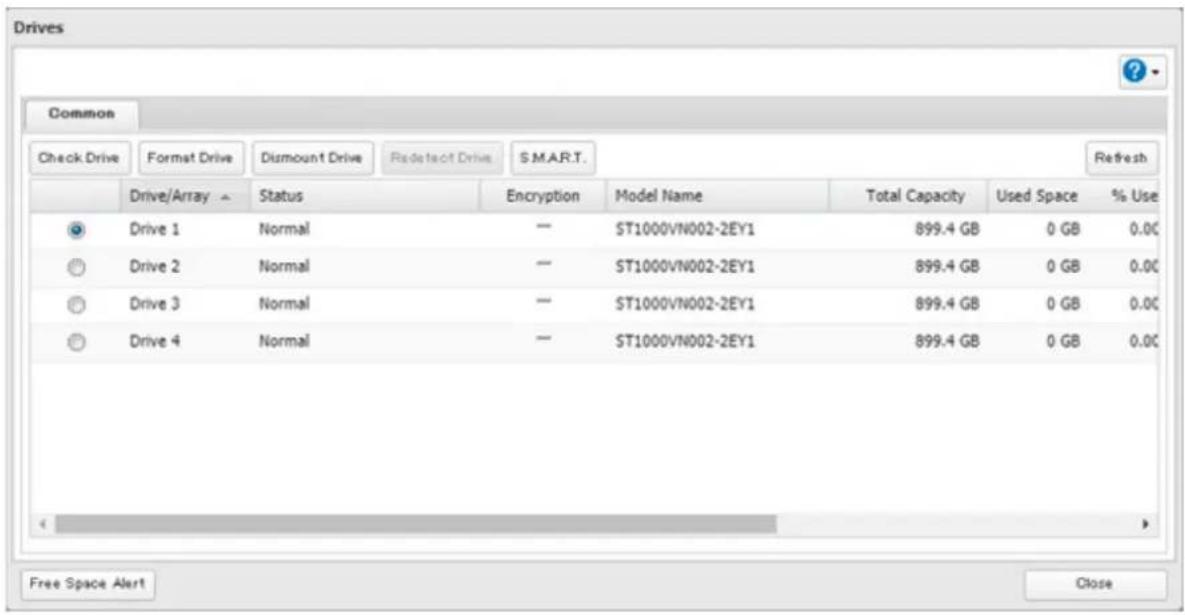 Drives Common Check Drive Format Drive Dismount Drive Redetect Drive S.M.A.R.T. Refresh Drive/Array Status Encryption Model Name Total Capacity Used Space % Use Drive 1 Normal — ST1000VN002-2EY1 899.4 GB 0 GB 0.0C Drive 2 Normal — ST1000VN002-2EY1 899.4 GB 0 GB 0.0C Drive 3 Normal — ST1000VN002-2EY1 899.4 GB 0 GB 0.0C Drive 4 Normal — ST1000VN002-2EY1 899.4 GB 0 GB 0.0C Free Space Alert Close