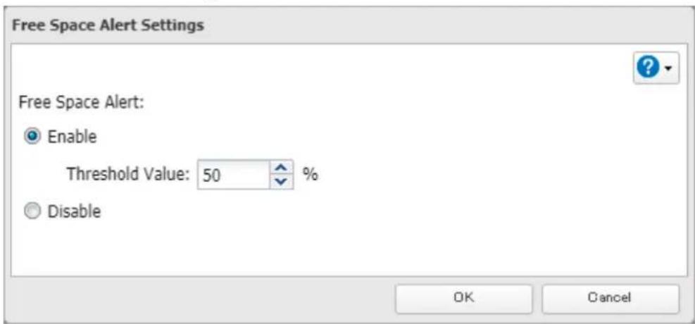 Free Space Alert Settings Free Space Alert: Enable Threshold Value: 50 % Disable OK Cancel