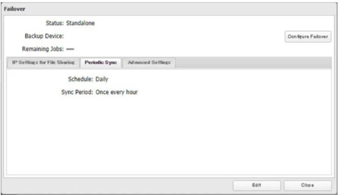 Failover Status: Standalone Backup Device: Remaining Jobs: — Configure Failover IP Settings for File Sharing Periodic Sync Advanced Settings Schedule: Daily Sync Period: Once every hour Edit Close