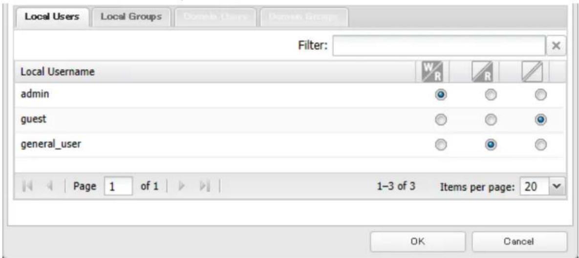 Local Users Local Groups Browse Users Browse Groups Filter: Local Username admin guest general_user Page 1 of 1 1-3 of 3 Items per page: 20 OK Cancel