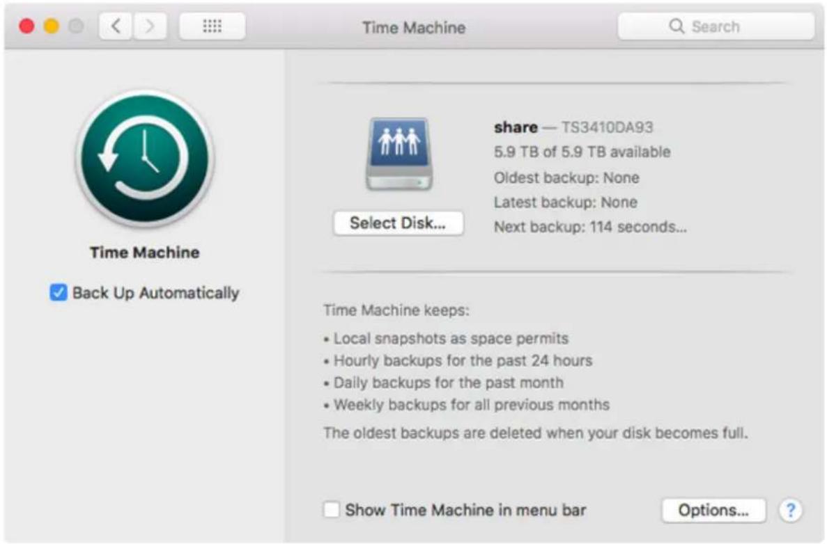 Time Machine Share — TS3410DA93 5.9 TB of 5.9 TB available Oldest backup: None Latest backup: None Next backup: 114 seconds... Select Disk... Time Machine keeps: • Local snapshots as space permits • Hourly backups for the past 24 hours • Daily backups for the past month • Weekly backups for all previous months The oldest backups are deleted when your disk becomes full. Show Time Machine in menu bar Options... ?