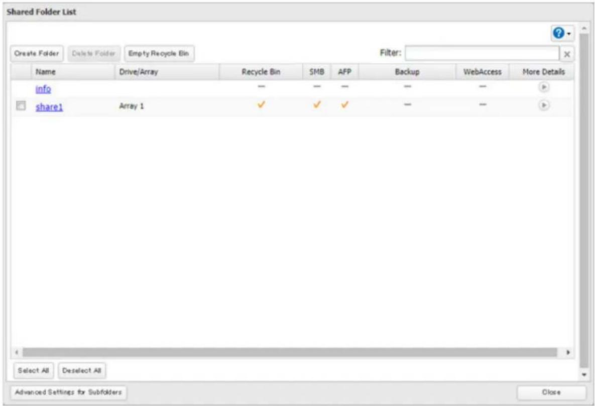 Shared Folder List Create Folder Delete Folder Empty Recycle Bin Filter: Name Drive/Array Recycle Bin SMB AFP Backup WebAccess More Details info share1 Array 1 ✓ ✓ ✓ - - - - Select All Deselect All Advanced Settings for Subfolders Close