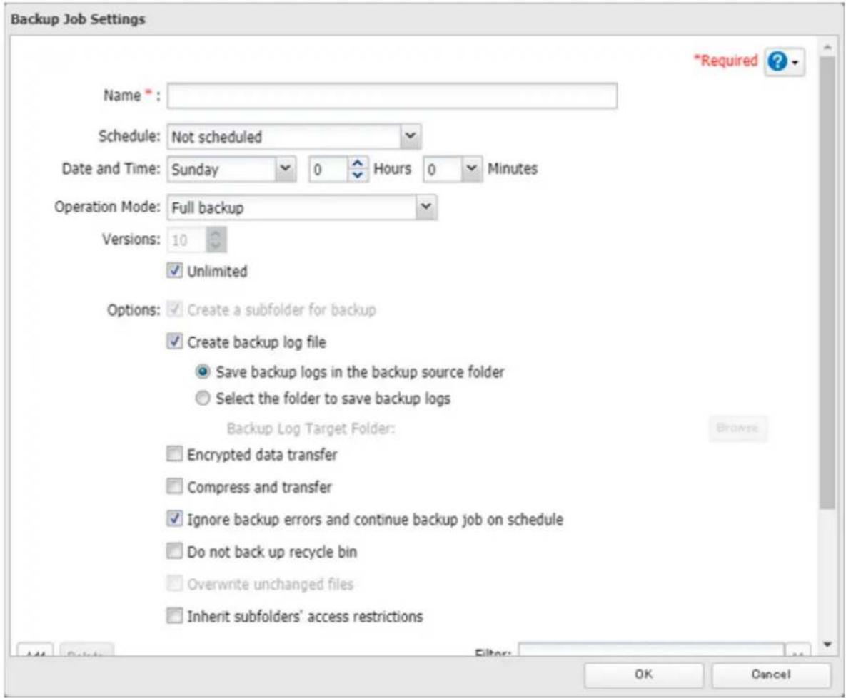 Backup Job Settings Name * : Schedule: Not scheduled Date and Time: Sunday 0 Hours 0 Minutes Operation Mode: Full backup Versions: 10 ✓ Unlimited Options: ✓ Create a subfolder for backup ✓ Create backup log file ○ Save backup logs in the backup source folder ○ Select the folder to save backup logs Backup Log Target Folder: □ Encrypted data transfer □ Compress and transfer ✓ Ignore backup errors and continue backup job on schedule □ Do not back up recycle bin □ Overwrite unchanged files □ Inherit subfolders' access restrictions OK Cancel