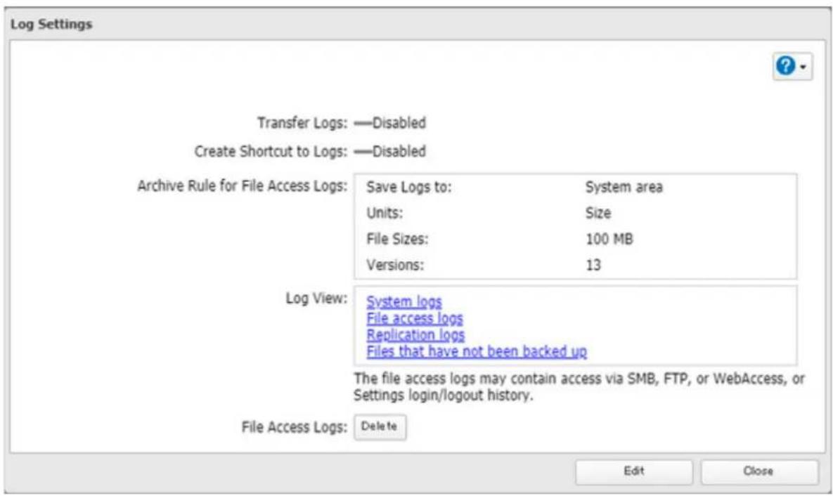 Log Settings Transfer Logs: —Disabled Create Shortcut to Logs: —Disabled Archive Rule for File Access Logs: Save Logs to: System area Units: Size File Sizes: 100 MB Versions: 13 Log View: System logs File access logs Replication logs Files that have not been backed up The file access logs may contain access via SMB, FTP, or WebAccess, or Settings login/logout history. File Access Logs: Delete Edit Close