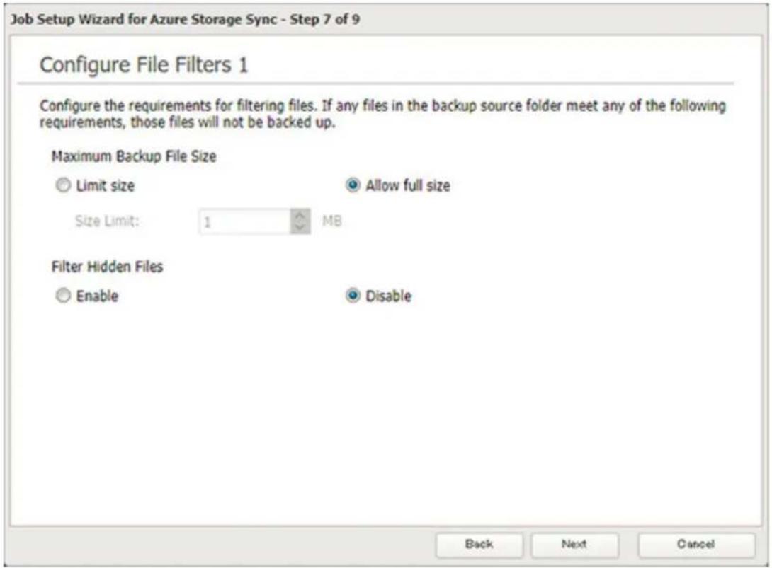 Job Setup Wizard for Azure Storage Sync - Step 7 of 9 Configure File Filters 1 Configure the requirements for filtering files. If any files in the backup source folder meet any of the following requirements, those files will not be backed up. Maximum Backup File Size Limit size Allow full size Size Limit: 1 MB Filter Hidden Files Enable Disable Back Next Cancel