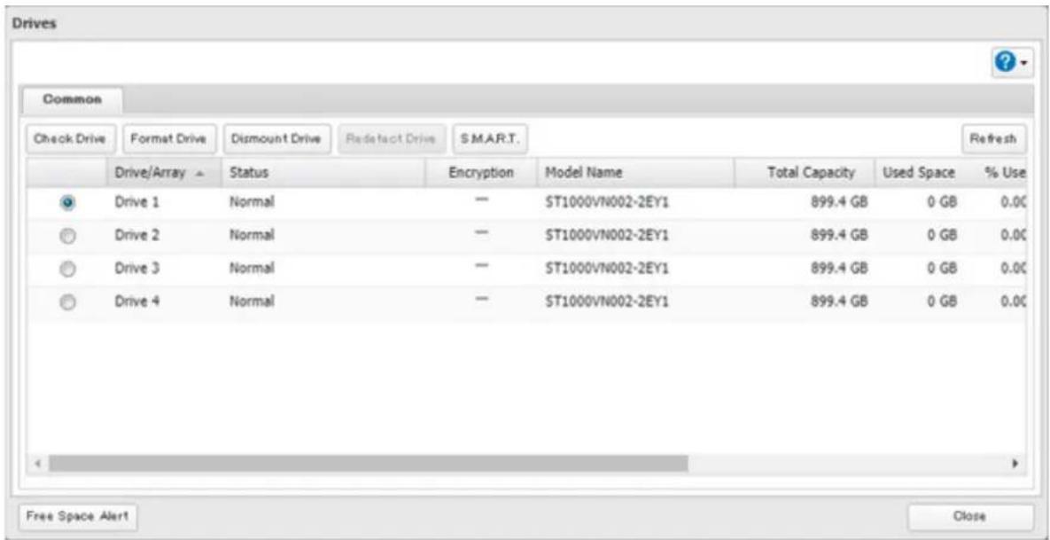 Drives Common Check Drive Format Drive Dismount Drive Redefact Drive S.M.A.R.T. Refresh Drive/Array Status Encryption Model Name Total Capacity Used Space % Use Drive 1 Normal -- ST1000VN002-2EY1 899.4 GB 0 GB 0.00 Drive 2 Normal -- ST1000VN002-2EY1 899.4 GB 0 GB 0.00 Drive 3 Normal -- ST1000VN002-2EY1 899.4 GB 0 GB 0.00 Drive 4 Normal -- ST1000VN002-2EY1 899.4 GB 0 GB 0.00 Free Space Alert Close