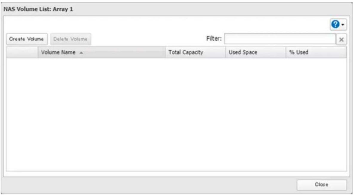 NAS Volume List: Array 1 Create Volume Delete Volume Filter: Volume Name Total Capacity Used Space % Used Close