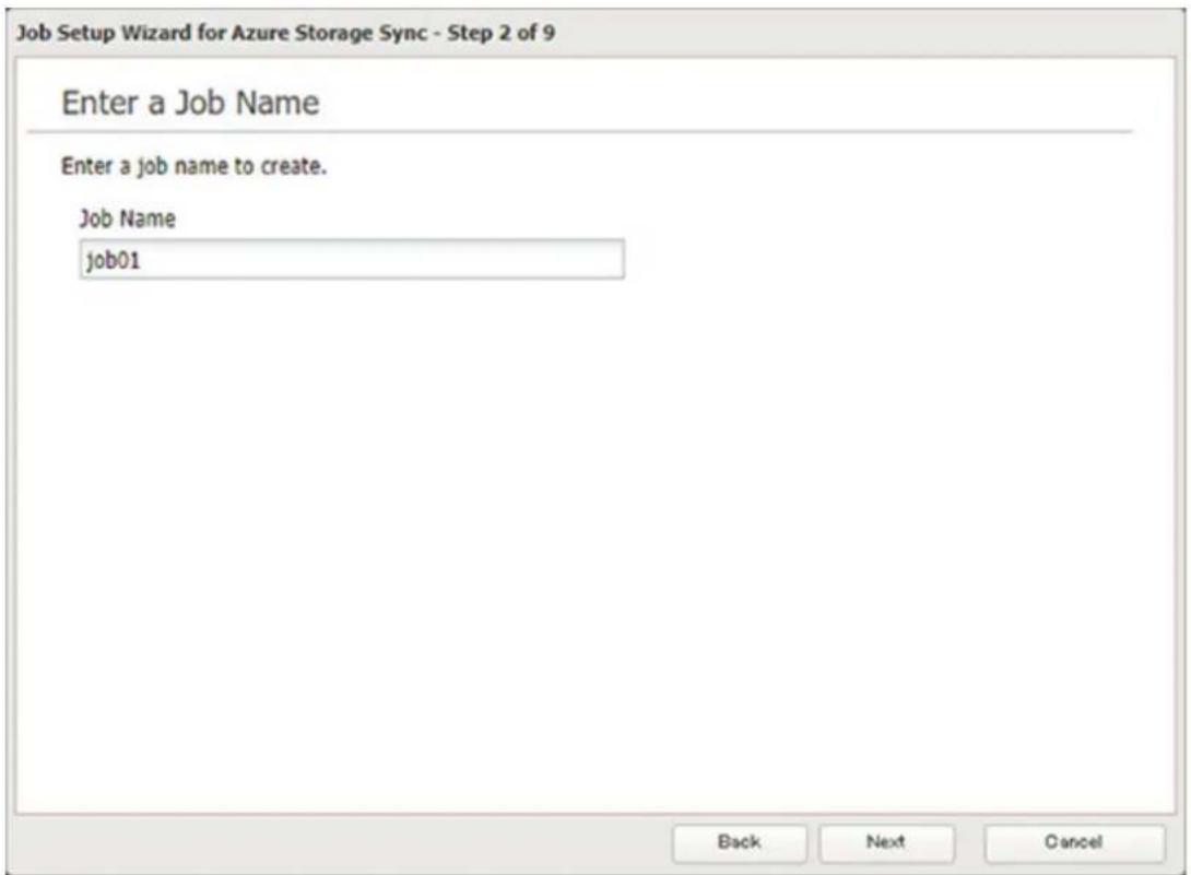 Job Setup Wizard for Azure Storage Sync - Step 2 of 9 Enter a Job Name Enter a job name to create. Job Name job01 Back Next Cancel