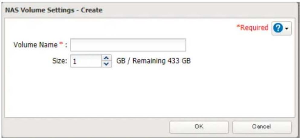 NAS Volume Settings - Create Volume Name * : Size: 1 GB / Remaining 433 GB *Required ? OK Cancel